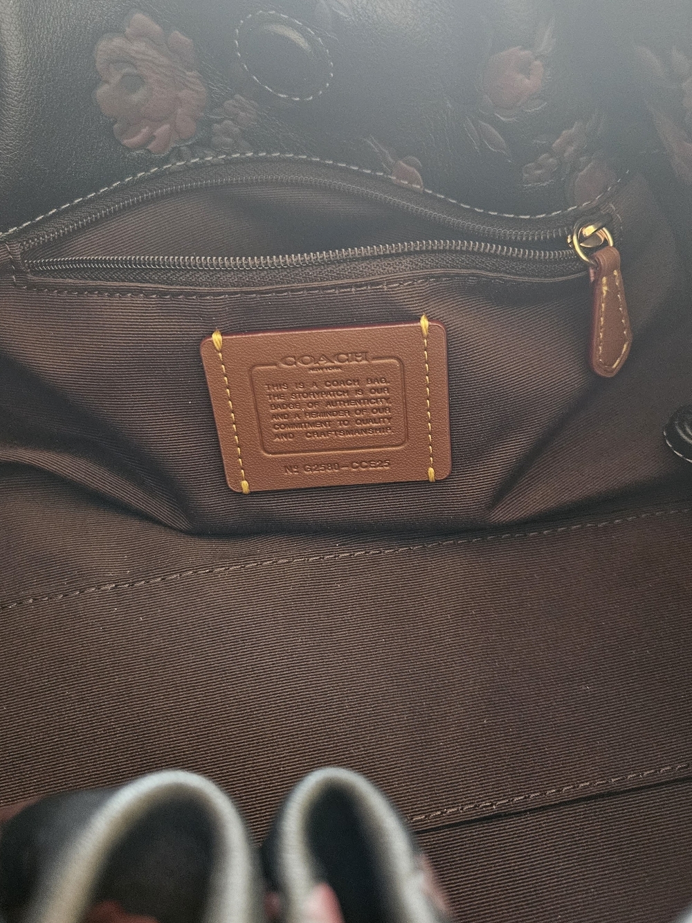 Coach Black Leather Shoulder Bag (Large) with Floral Embossing and Gold Chain - Picture 10 of 10